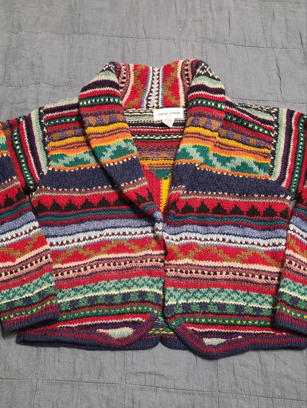 VTG Causal Corner 100% Shetland Wool Multicolored Aztec Pattern Shawl Cardigan